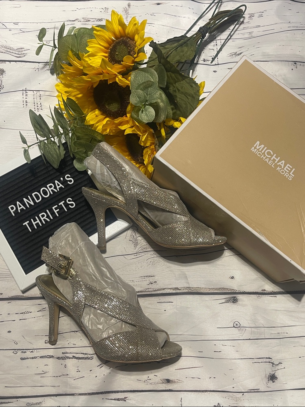 Michael Kors Sparkling Taupe Slingback Heels Size 8 Preowned